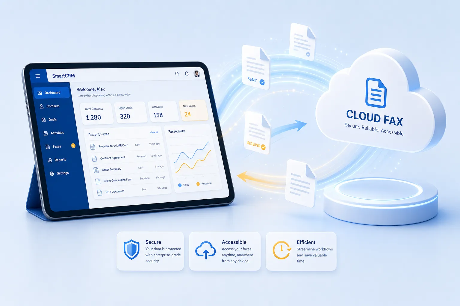 اینفوگرافیک سه بعدی اتصال فکس ابری به سیستم مدیریت مشتری CRM و انتقال اسناد دیجیتال