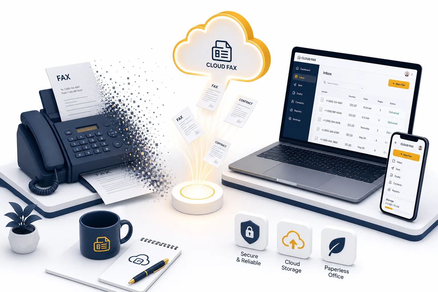 تصویر مفهومی فکس آنلاین و محیط کار بدون کاغذ با نمادهای ابری و اسناد دیجیتال